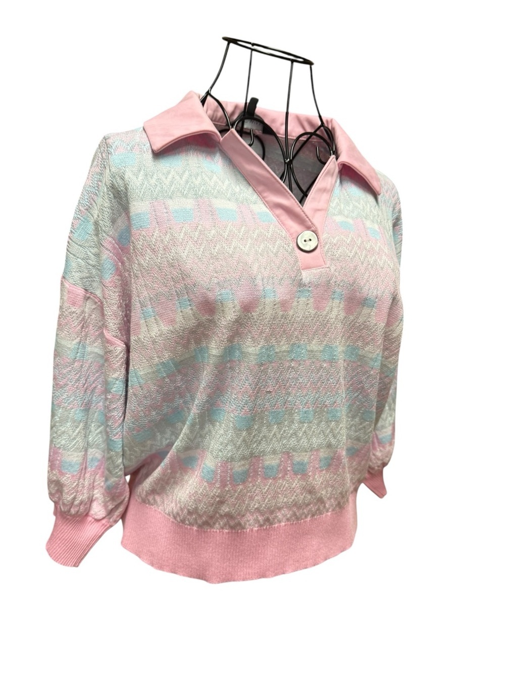 Ming Wang Pink Collared Knit Top with Mint and Cream Accents Small - Picture 2 of 8
